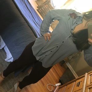 Striped button up blouse with flower embroidery